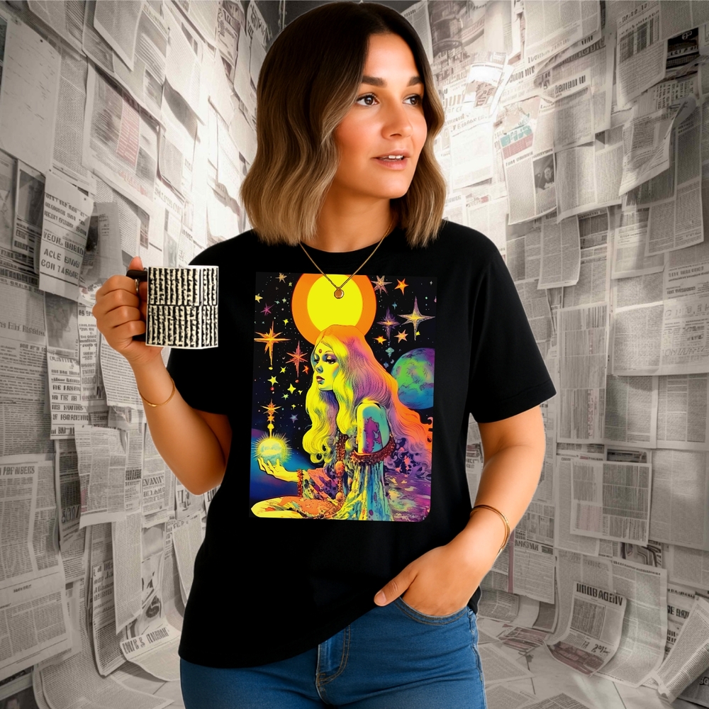 Glowing Goddess Shirt 🏵Free Art Print🌼 Celestial Moon Magic Bright Trippy - Picture 2 of 7